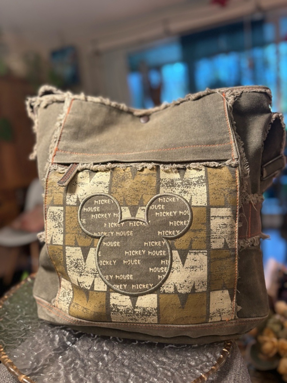Vintage Disney Mickey Canvas Messenger Bag Olive Utility Distressed Crossbody